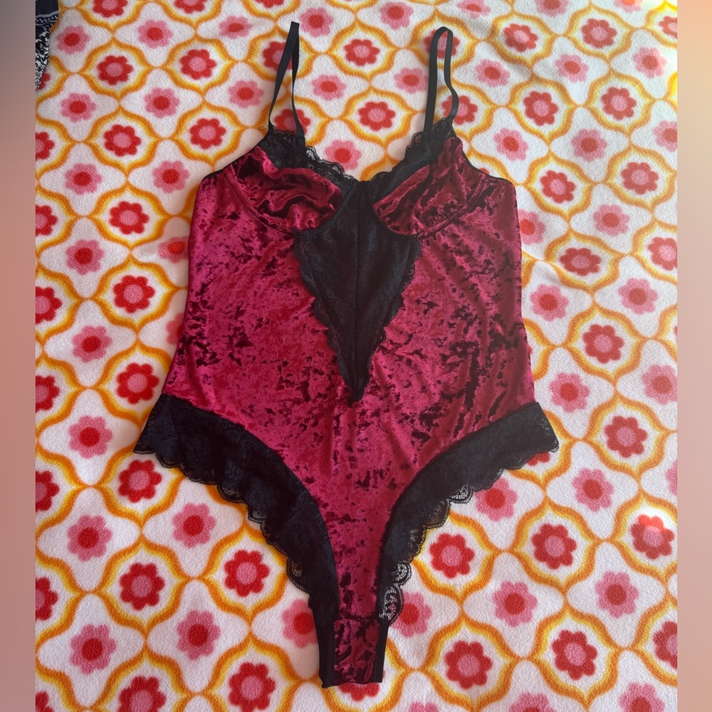 Velvet Lace Trim Bodysuit - Red and Black